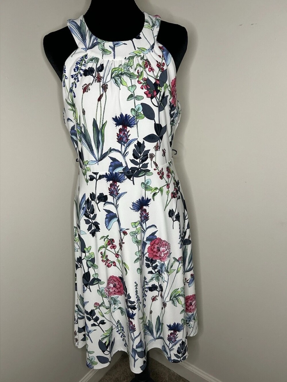 Floral Halter A-Line Dress in White with Pink & Blue Print